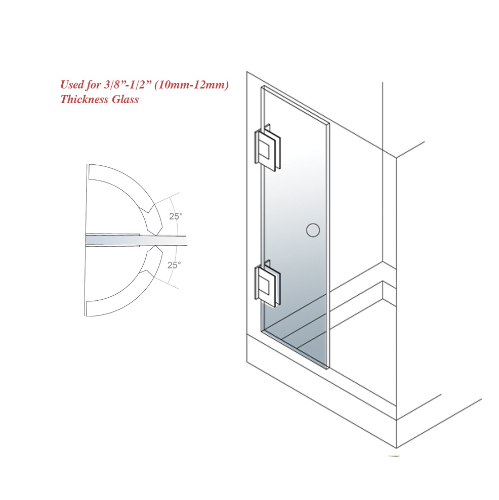 Отделка кистью Стена под углом 90 градусов к петле для стеклянной душевой двери для стекла толщиной 1/2–3/8 дюйма 